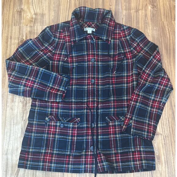 PENDLETON Jacket 100% Wool Tartan Plaid Red Black Button Women's Large -FLAW- - Picture 1 of 6